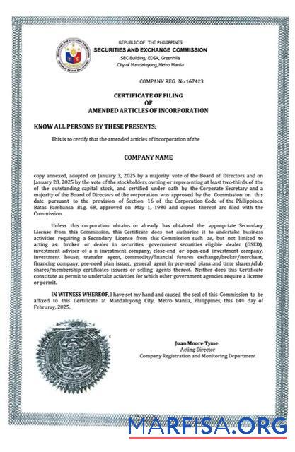 Downloadable Philippines certificate of company incorporation Word and PDF template, version 2
